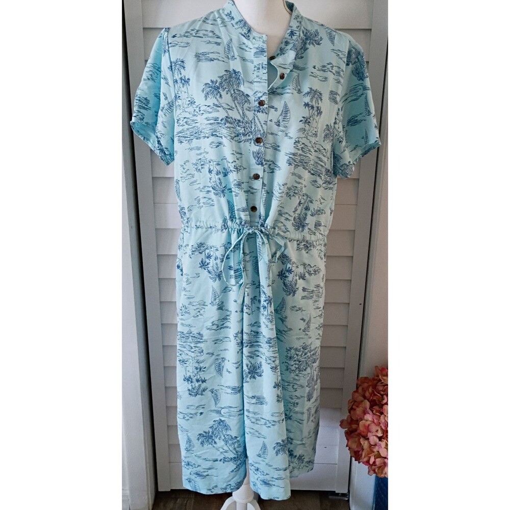 Lands' End women's rayon short sleeve dress tie cinch waist tropical M